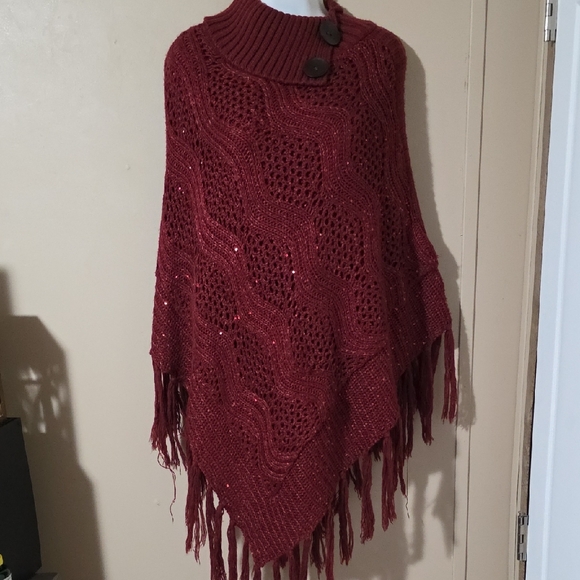 Sweaters - Elegant Burgundy Knit Poncho Sweater